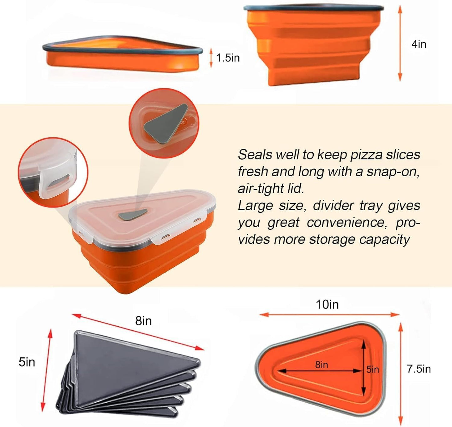 Queceuy reusable expandable pizza storage container includes 5 microwaveable heating trays, adjustable pizza boxes, space-saving pizza rack, and the rest of the pizza slice containers