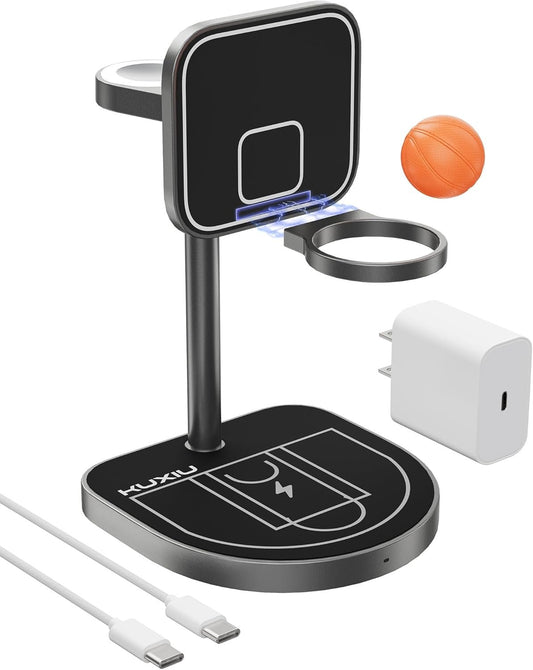 3-Point Power 3 in 1 Charging Station for Apple, KU XIU X85 Aluminum Alloy Magnetic Wireless Charger Stand with Mini Basketball & Hoop for iPhone 16/15/14/13/12, 5W for Apple Watch, AirPods, Black