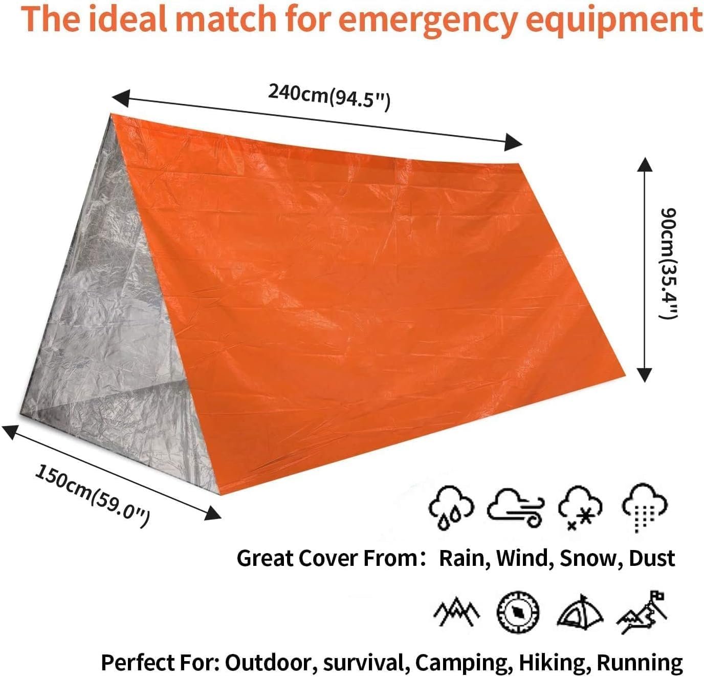 1 Piece Survival Shelter, Polyester Film Emergency Tent Survival Kit with String Bundle Pocket Whistle for Hiking, Car Camping（Orange）