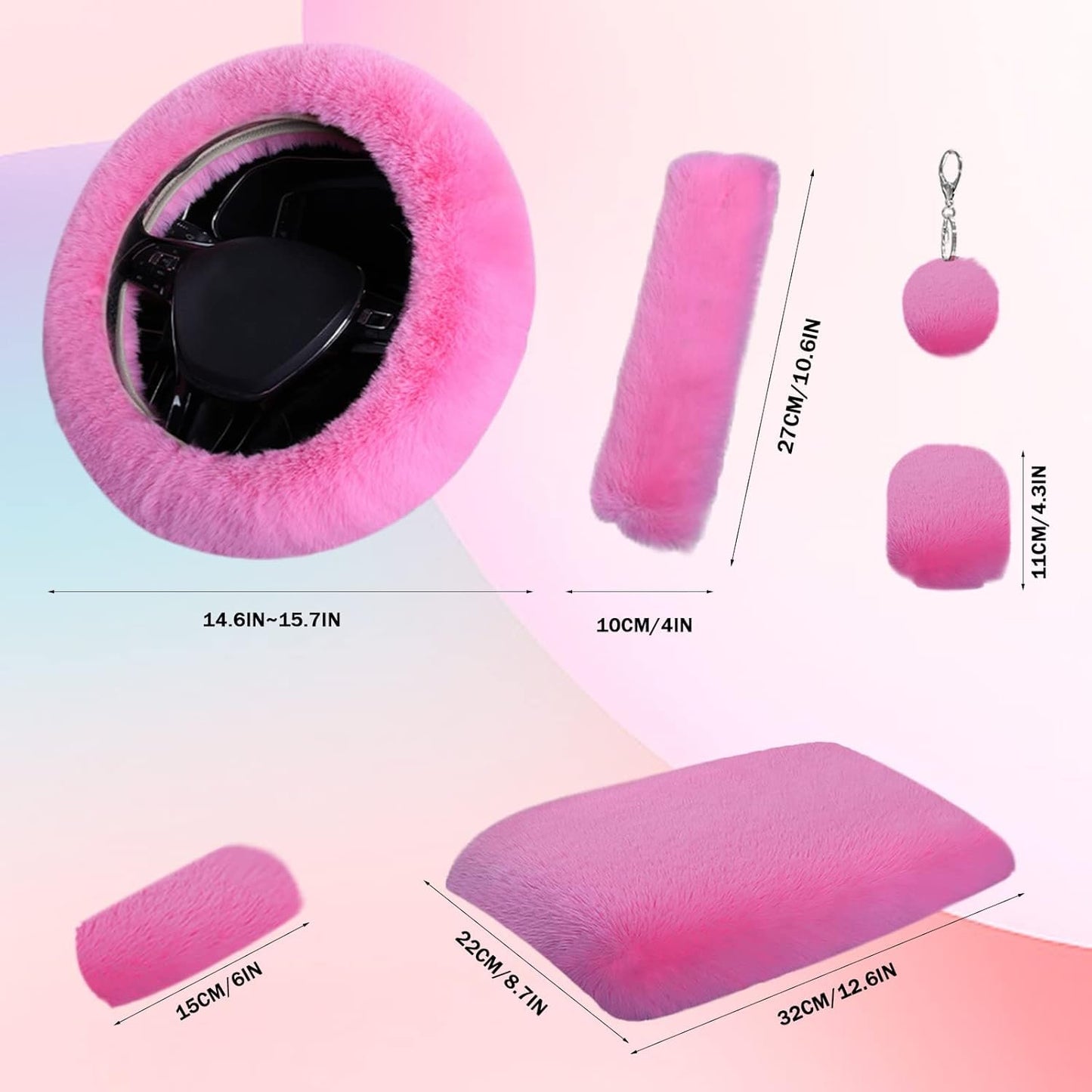 Wazzh 7PCS Set car Interior Aesthetic Accessories, Fluffy 15 inch Steering Wheel Cover, armrest pad, seat Belt Cover,Gear Shift Cover, Fit Girly car Accessories for Women.