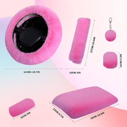 Wazzh 7PCS Set car Interior Aesthetic Accessories, Fluffy 15 inch Steering Wheel Cover, armrest pad, seat Belt Cover,Gear Shift Cover, Fit Girly car Accessories for Women.