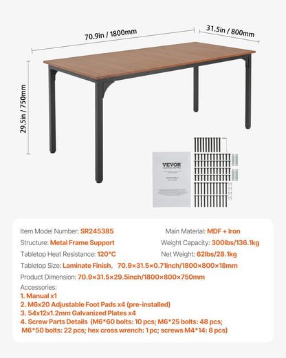 VEVOR Rectangle Dining Table, 71 inch Length Large Wood Tables for 6-8 Person, Farmhouse Dinner Furniture, Rustic Conference Desk with Iron Legs, for Home Kitchen Living Room, Brown(Only Table)