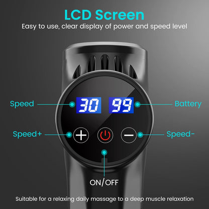 Muscle Massage Gun, 30 Speeds Deep Tissue Muscle Massager Gun, 2500 mAh Rechargeable Battery, 3300RPM Silent Electric Massager, 10 Heads, LCD Touch Screen