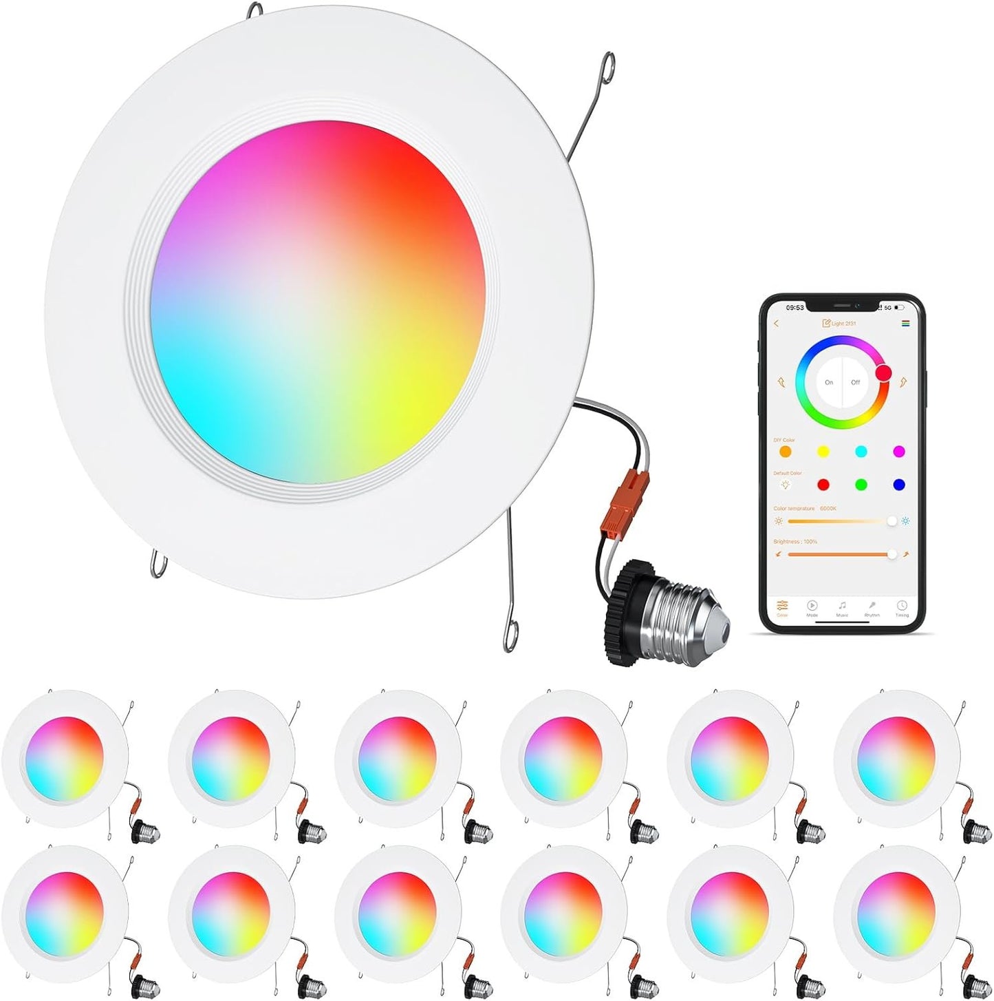 Smart LED Can Lights,12Pack Retrofit LED Recessed Lighting,5/6inch 13W 1050LM RGB Color Changing Downlight,Compatible with Alexa,Bluetooth APP Control,for Bedroom Kitchen Living Room