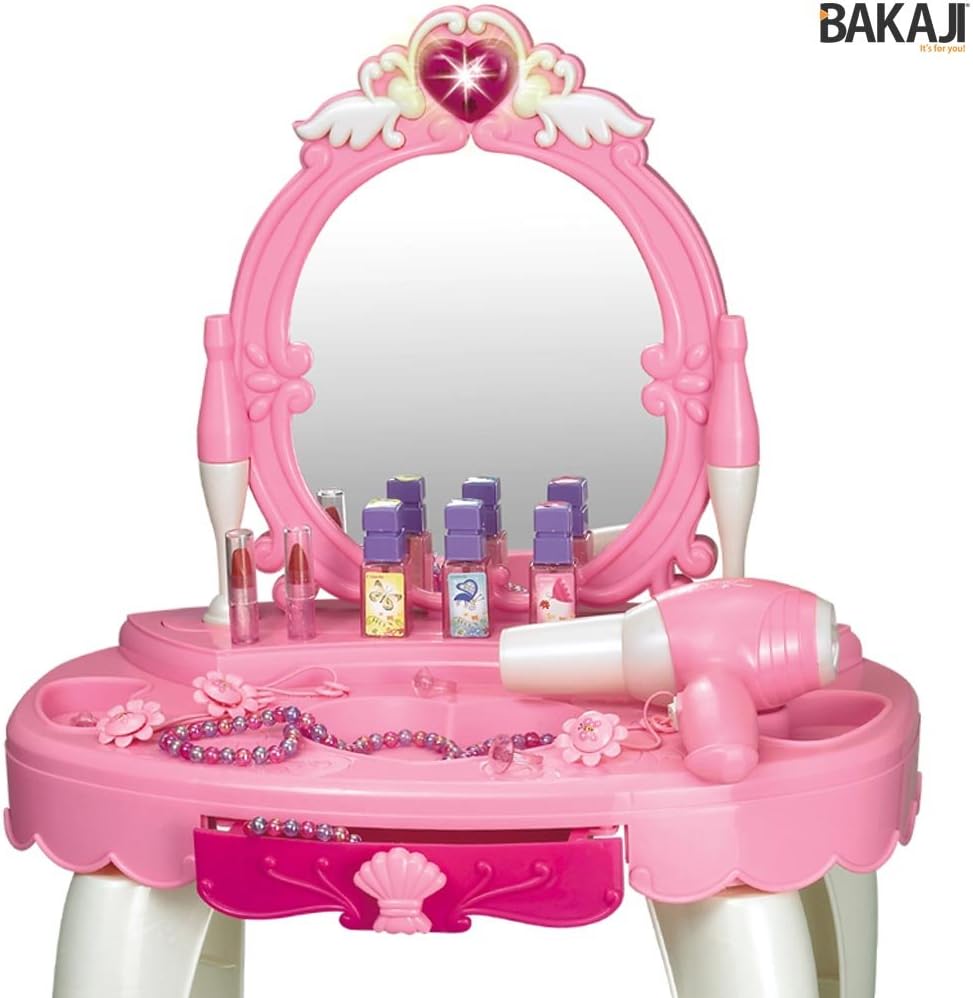 BAKAJI Make-Up Table Mirror Toy for Children Dressing Table with Stool Lights Sounds Hair Dryer Battery Operated and Game Accessories Size 45 x 32 x 72 cm