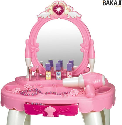 BAKAJI Make-Up Table Mirror Toy for Children Dressing Table with Stool Lights Sounds Hair Dryer Battery Operated and Game Accessories Size 45 x 32 x 72 cm
