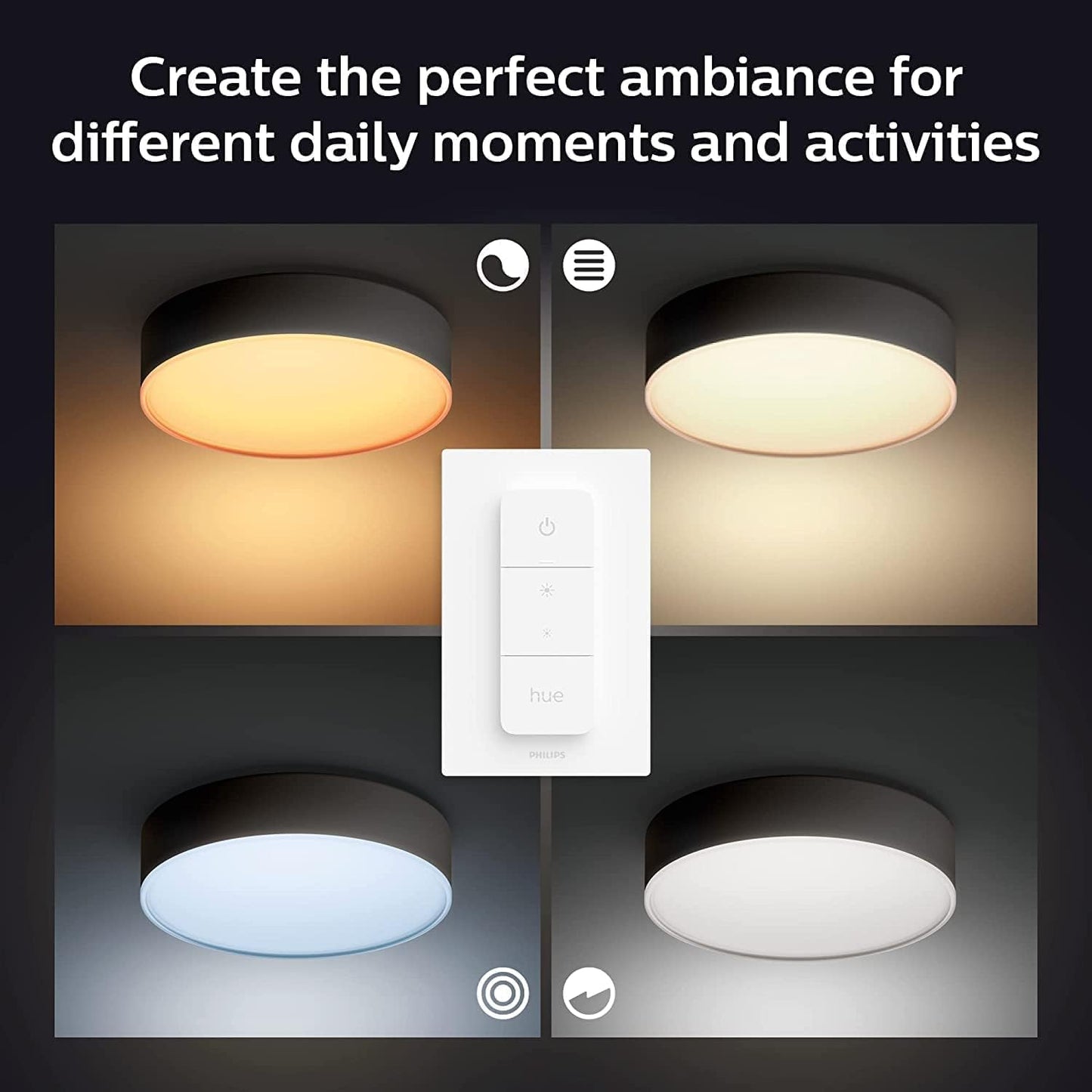 Philips Hue White Ambiance Enrave, Plafoniera Smart, Media, con Bluetooth, 19.2 W, Telecomando Dimmer Switch Inlcuso, Nero