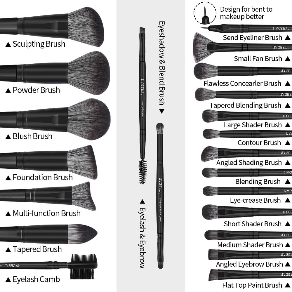 MAGEFY 22 Pcs Makeup Brushes with Case, Professional Makeup Brush Set Face Foundation Brushes Blending Powder Blush Eyeshadow Brushes Makeup Gift for Women Girls（Black)