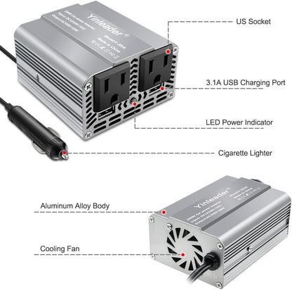 Yinleader 200W Car Power Inverter DC 12V to 110V AC Car Plug Adapter with Dual 3.1A USB Ports and 2 AC Outlets, Cigarette Lighter Adapter, Grey