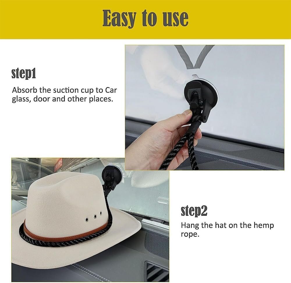 Universal Car Hat Mount with Suction Cup - 2Pcs Secure Cowboy Hat Holder for Dash, Trucks, SUVs, Cars | Auto Interior Accessories to Keep Hats Safe & Organized