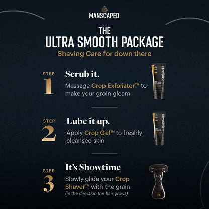 MANSCAPED® The Ultra Smooth Package, Male Hygiene Shaving Bundle, Includes The Crop Shaver® Groin Razor with Replacement Blades, Crop Gel® Ball Shaving Gel, and Crop Exfoliator® Ball Exfoliator