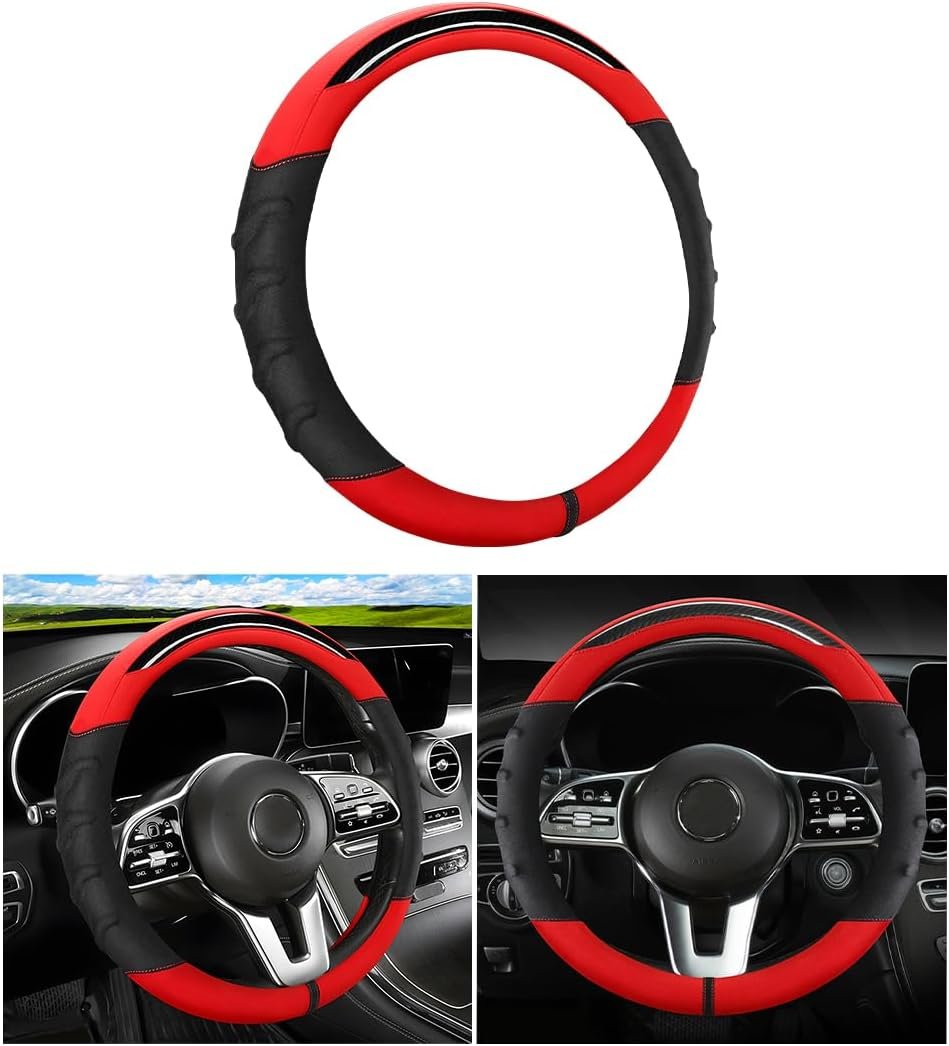 XINLIYA Car Steering Wheel Cover, Automotive Interior Accessories for Women Men, Non-Slip Vehicle Steering Wheel Protector, 15 Inch Universal for SUV, Truck, RV, Van and More（Black/Red）