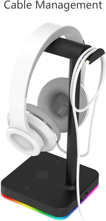 RGB Headphone Stand with USB Hub, KAFRI Desk Gaming Headset Holder Hanger Rack with 1 USB2.0 Extension Charging Port Cord - Suitable for Gamer Desktop Table Game Earphone Accessories