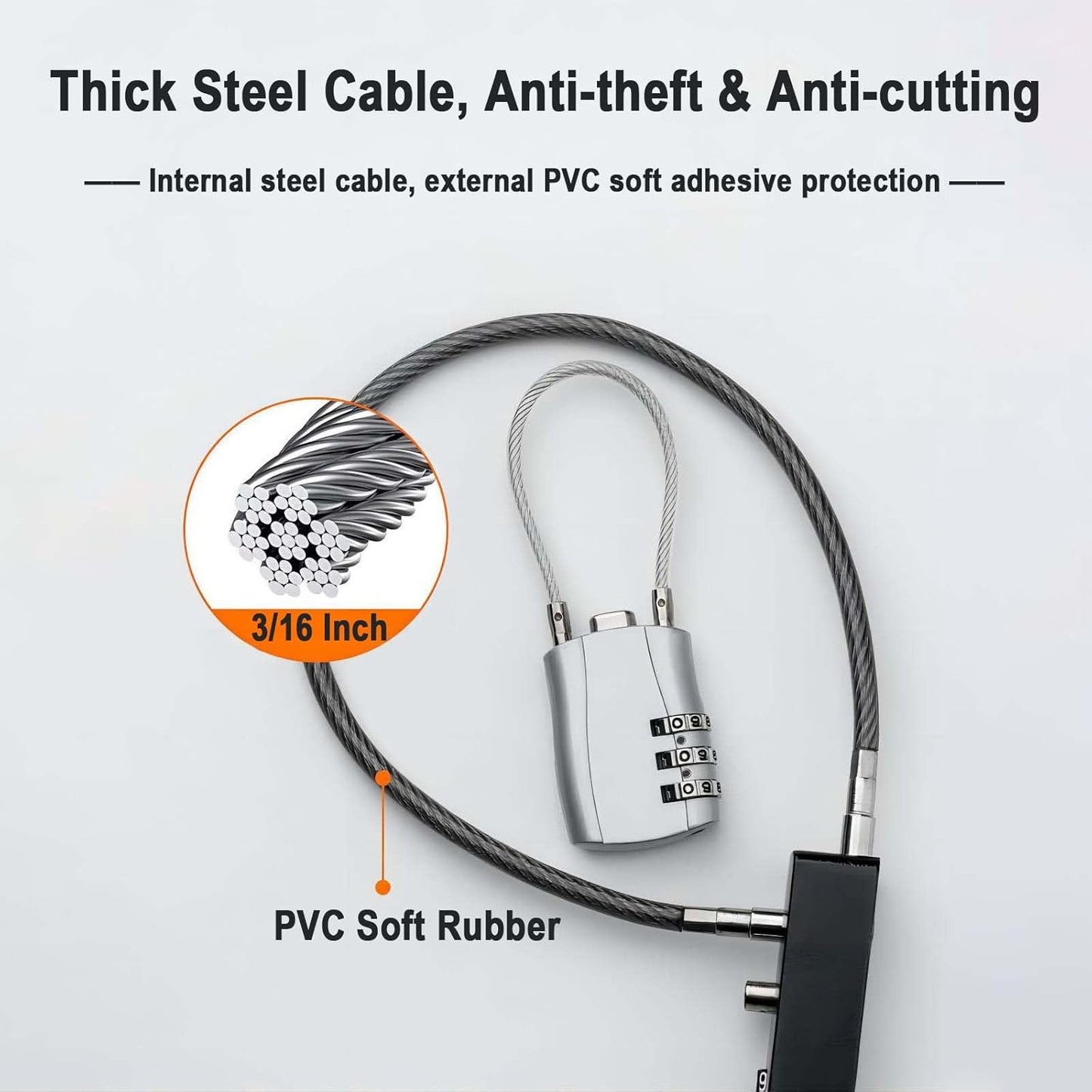 Tcyoatoa Cable Locks Combination, 23-3/5'' Length Steel Cable Rope 4-Digit Combination Lock Resettable Code for Bikes, Lockers, File Cabinets, Wardrobes, Small Fences, Refrigerator Door(Gun-Grey)