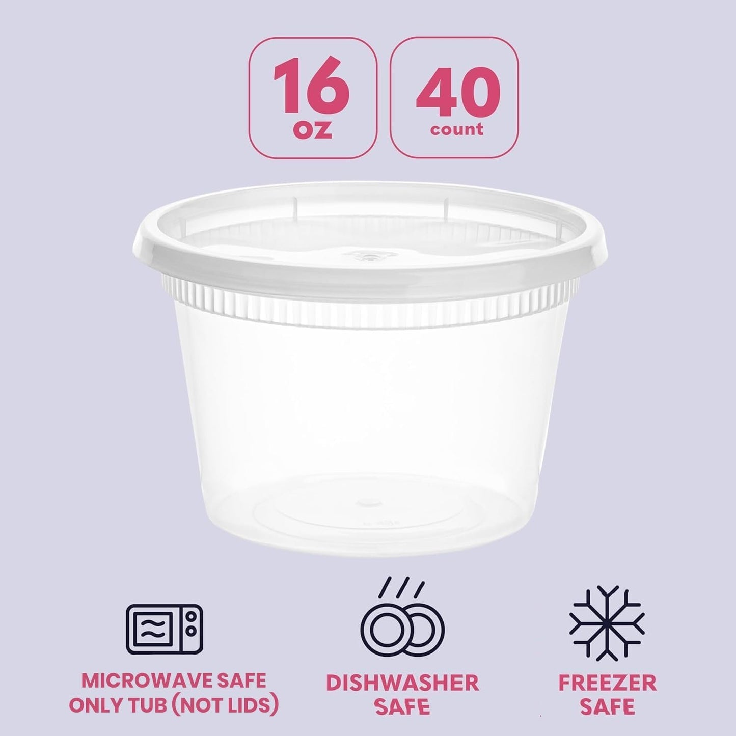 Deli Containers With Lids - [40 Pack] - (16 Oz) - Soup & Food Storage Containers Takeout To Go - Storage and Freezer Airtight Plastic Containers - Microwave (Not Lids), Freezer & Dishwasher Safe