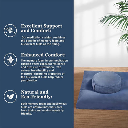 HPAMR zafu and zabuton Meditation Cushion Mat Set Large Zabuton Floor Pillow & Round Zafu Bolster with Washable Natural Cotton Covers, Premium Yoga Buckwheat Fill Bolster Yoga Mat for Perfect Sitting
