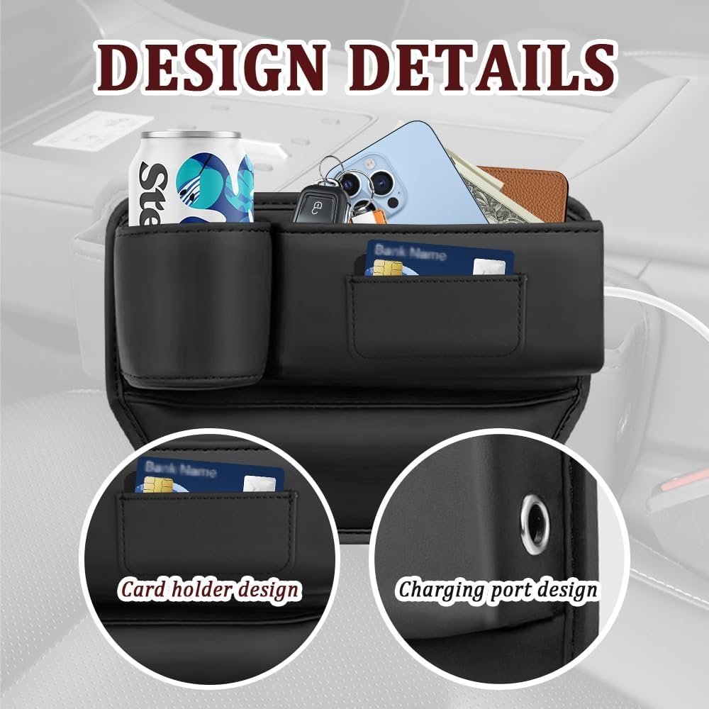 Car Seat Gap Filler Organizer With Cup Holder - Storage Box for Most Cars, SUV (Black, Passenger Side)