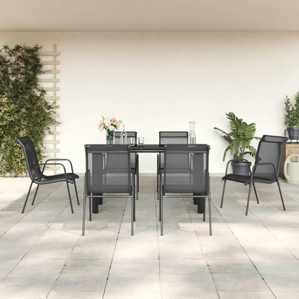 vidaXL 7-Piece Outdoor Garden Dining Set - Black and Anthracite - Weather-Resistant Steel and Textilene Construction with Tempered Glass Tabletop