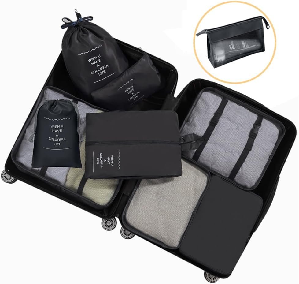 9 Set Packing Cubes for Suitcases, Travel Luggage Organizers, with Clothes Storage Bags, Toiletry Bag, Shoe Bag, Underwear Bag, Laundry Bag, Sock Bag, Accessories Bag (Black)