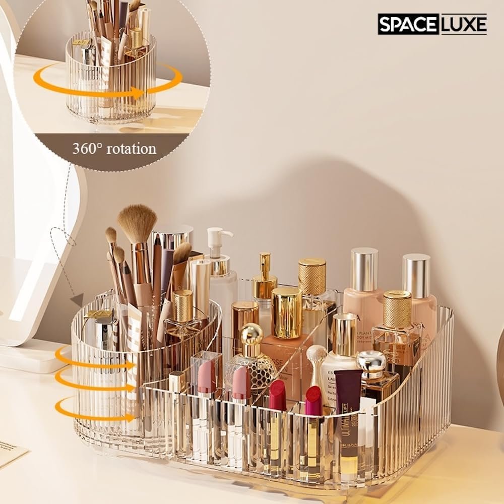 SpaceLuxe Makeup Organizer with Drawers and 360° Rotating Brush Holder, Large Capacity Cosmetic Storage for Vanity, Skincare, Perfume, Hair Accessories, Lipstick & Jewelry (Clear, 2-layer)