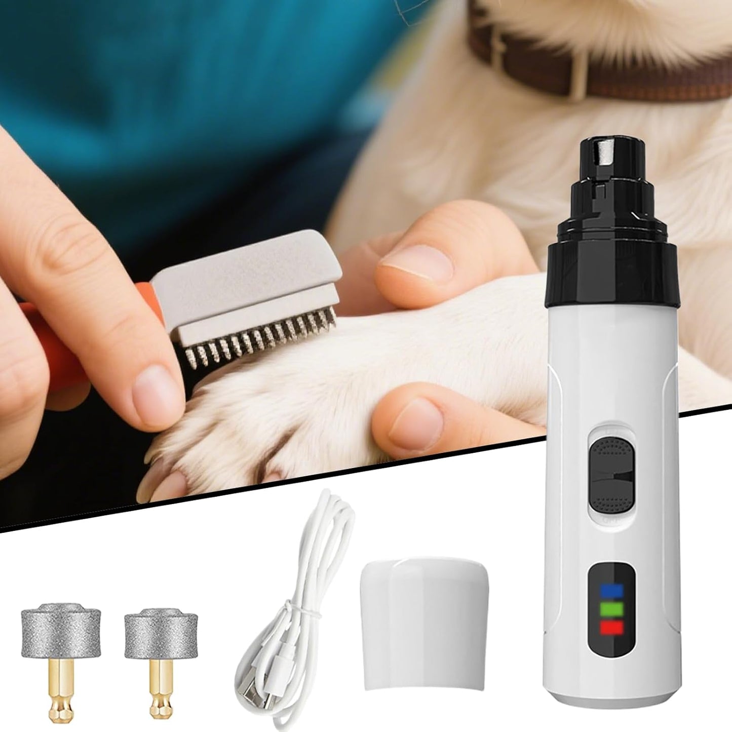 Dog Nail Grinder, Quiet 2-Speed Adjustable Cat Nail Trimmer, Rechargeable Pet Grooming Tool, 5.51 x 1.38 x 1.38 Inches for Hygiene, Relaxing, and Cleaning, White Black