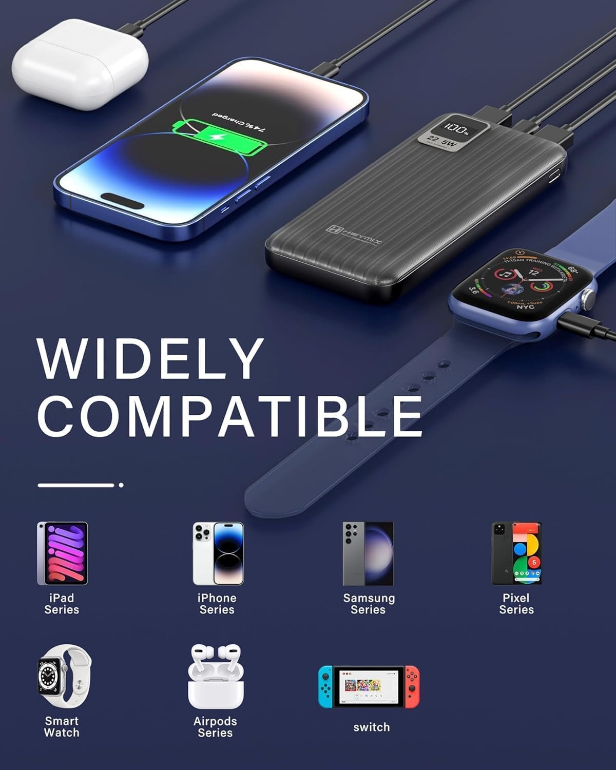 HEYMIX Power Bank, 22.5W Powerbank Portable Charger, 10000mAh Power Bank USB-C Charger, 3-Port PD3.0/QC4.0 Fast Charging Battery Bank Compatible with iPhone 15/14/13, Samsung S23/S22/S21, Pixel, iPad