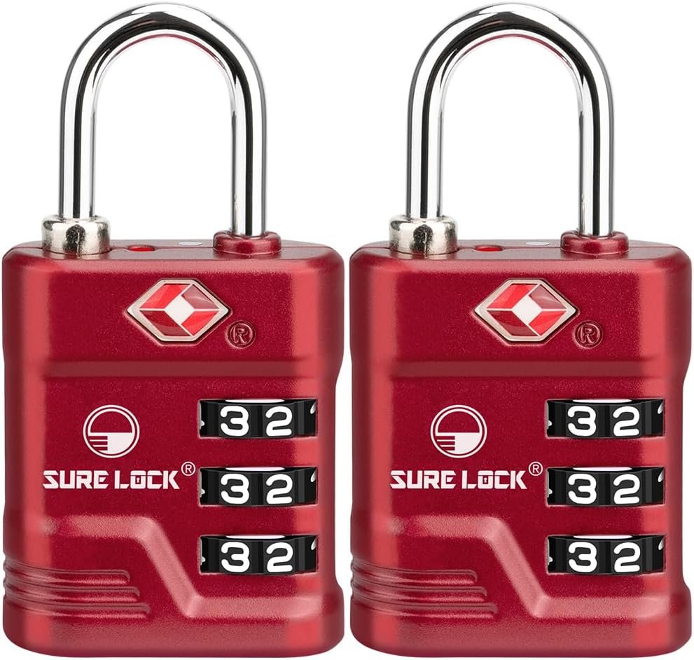 SURE LOCK TSA Locks for Luggage, TSA Approved Luggage Locks with Open Alert, TSA008 Key for High Security, Easy Read Dials, Zinc Alloy Body, Locker Lock for Suitcase, Gym, Travel(Red 2 pk)