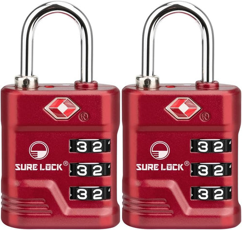 SURE LOCK TSA Locks for Luggage, TSA Approved Luggage Locks with Open Alert, TSA008 Key for High Security, Easy Read Dials, Zinc Alloy Body, Locker Lock for Suitcase, Gym, Travel(Red 2 pk)