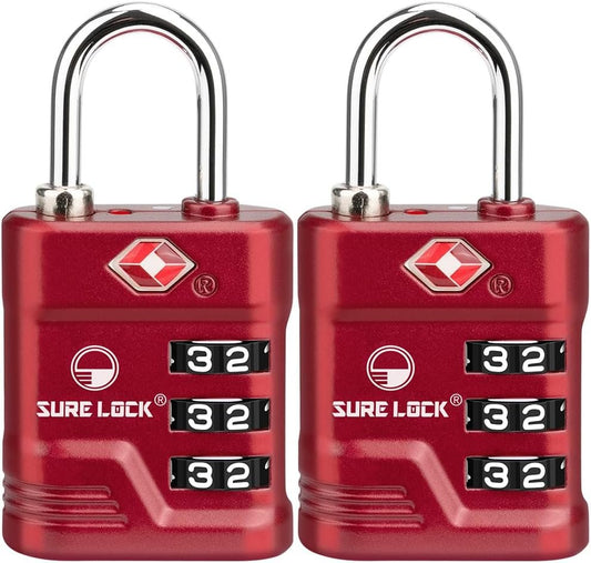 SURE LOCK TSA Locks for Luggage, TSA Approved Luggage Locks with Open Alert, TSA008 Key for High Security, Easy Read Dials, Zinc Alloy Body, Locker Lock for Suitcase, Gym, Travel(Red 2 pk)