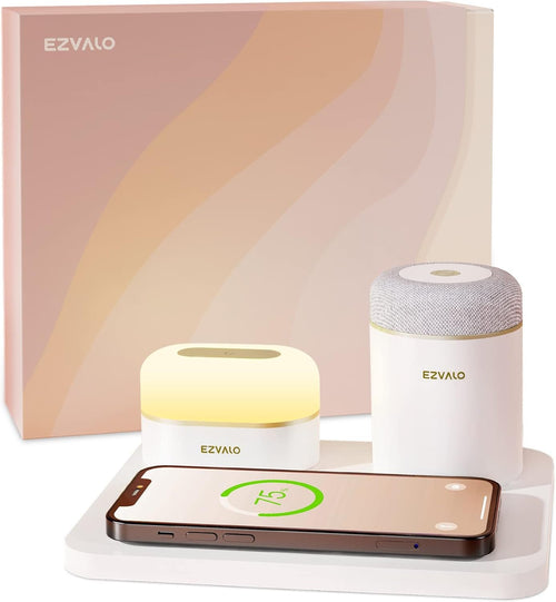 EZVALO 3-in-1 Wireless Bedbeside Charger Station with Portable Bluetooth Speaker, LED Night Light for iPhone, Samsung, Huawei, BlackBerry, Pixel, Birthday Tech Gifts for Dad, Mom, Men, Women