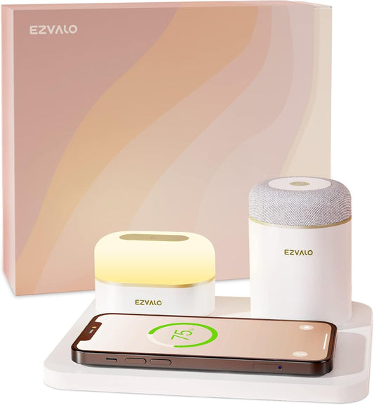 EZVALO 3-in-1 Wireless Bedbeside Charger Station with Portable Bluetooth Speaker, LED Night Light for iPhone, Samsung, Huawei, BlackBerry, Pixel, Birthday Tech Gifts for Dad, Mom, Men, Women