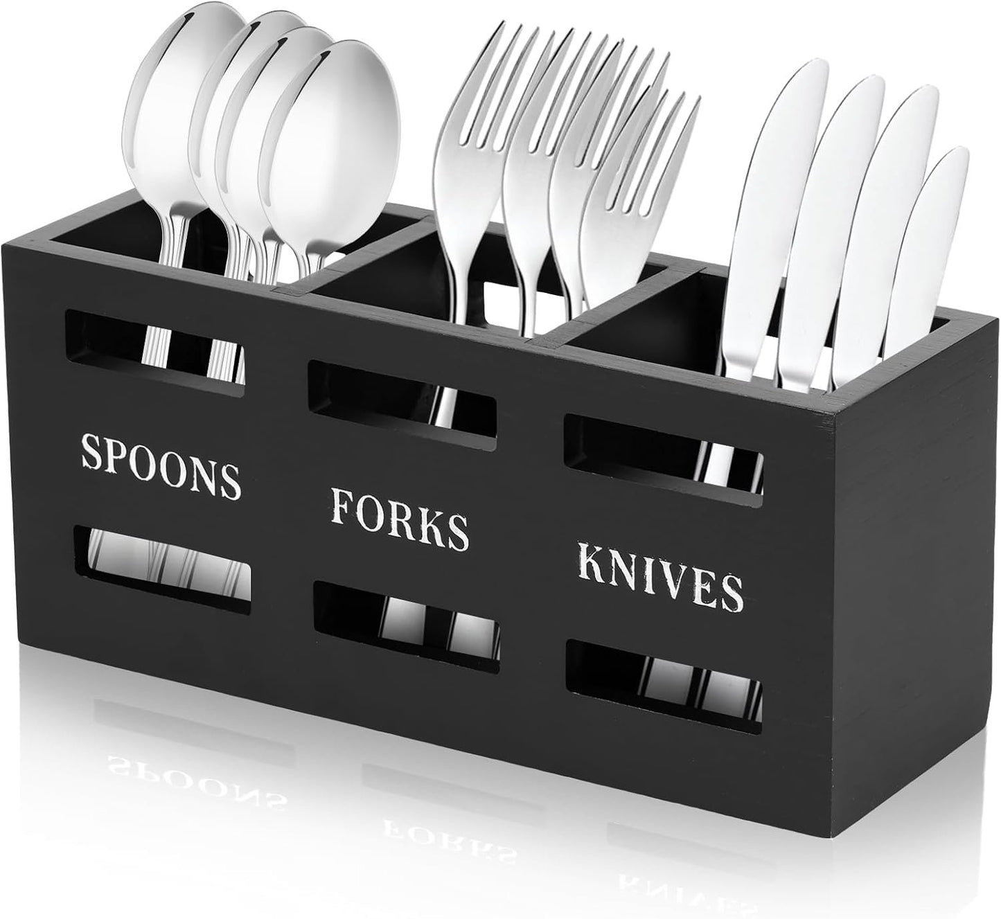 Wooden Silverware Caddy, Wood Utensil Caddy with 3 Compartment, Silverware Organizer Countertop, Kitchen Utensil Holder, Flatware Caddy for Forks Spoons Cutters (Black)