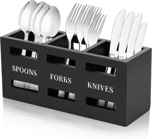 Wooden Silverware Caddy, Wood Utensil Caddy with 3 Compartment, Silverware Organizer Countertop, Kitchen Utensil Holder, Flatware Caddy for Forks Spoons Cutters (Black)