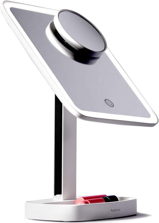 Fancii LED Makeup Vanity Mirror with 3 Light Setting and 15x Magnifying Mirror - Choose between Natural Daylight, Soft White, or Neutral White Lights - Dimmable Tabletop Cosmetic Mirror - Aura (White)