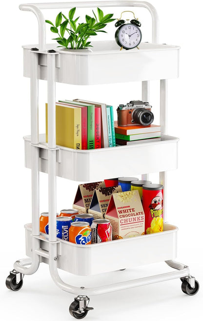 3-Tier Rolling Utility Cart, Multifunctional Metal Organization Storage Cart with 2 Lockable Wheels for Office, Home, Kitchen, Bedroom, Bathroom, Laundry Room by Pipishell (White)