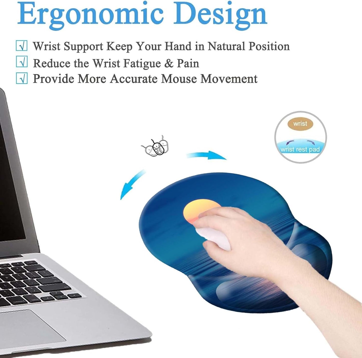 Ergonomic Mouse Pad with Wrist Support, Pain Relief Comfort Wrist Rest Pad with Non-Slip PU Base for Gaming, Home, Office & Travel (Moon Over The River)