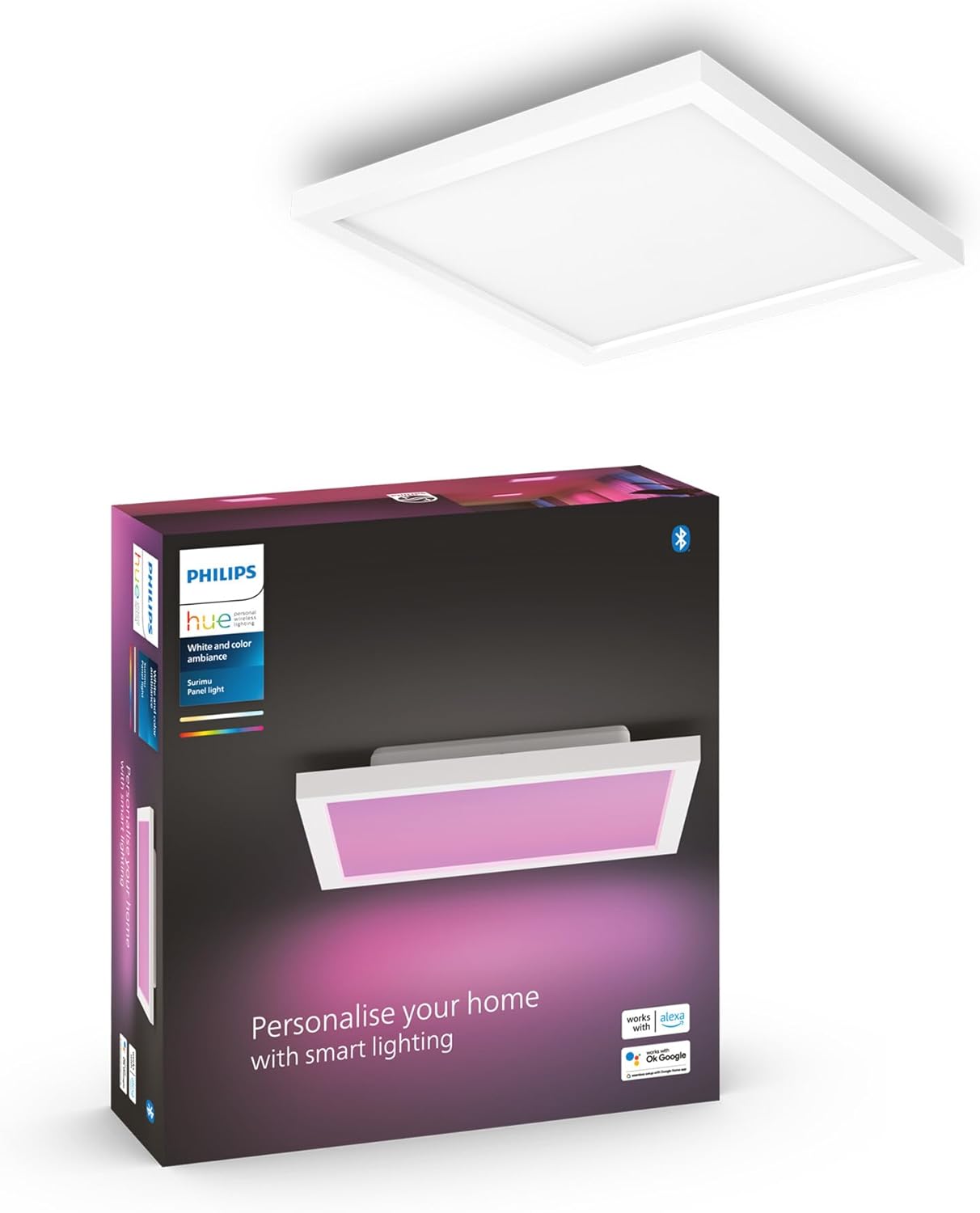 Philips Hue White & Color Ambiance Surimu Panel Ceiling Light 30 x 30 cm (1,760 lm), Dimmable Ceiling Light for Hue Lighting System with 16 Million Colours, Smart Light Control via Voice or App, White