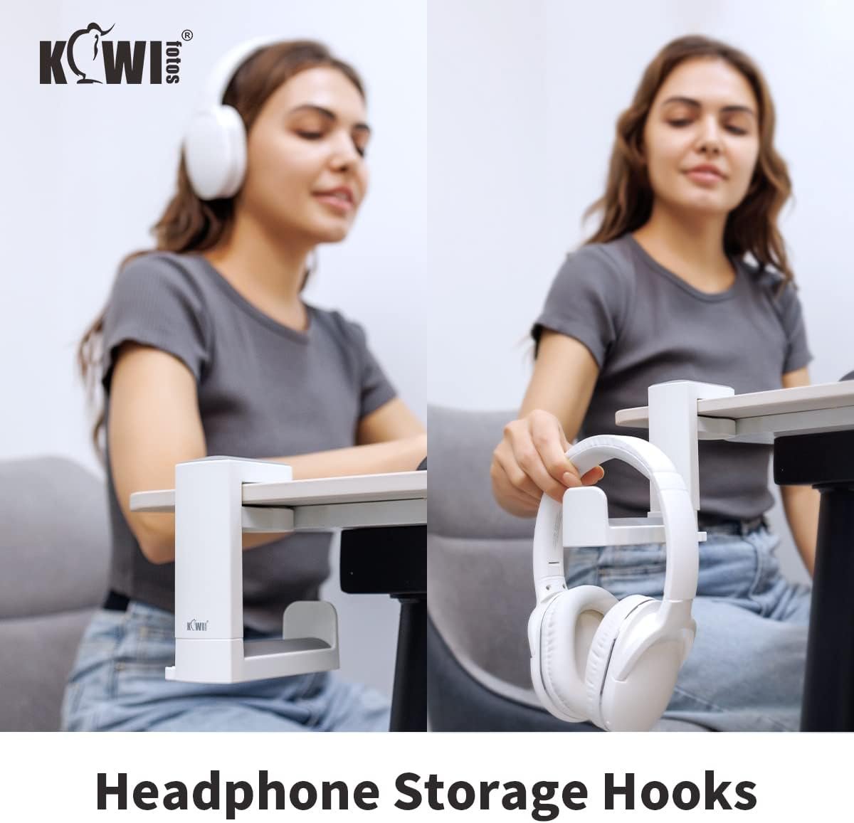 KIWIFOTOS Headphone Stand Holder Under Desk, PC Gaming Headset Hook Hanger Mount with 360 Adjustable Rotating Arm Clamp & Built in Cable Clip - White