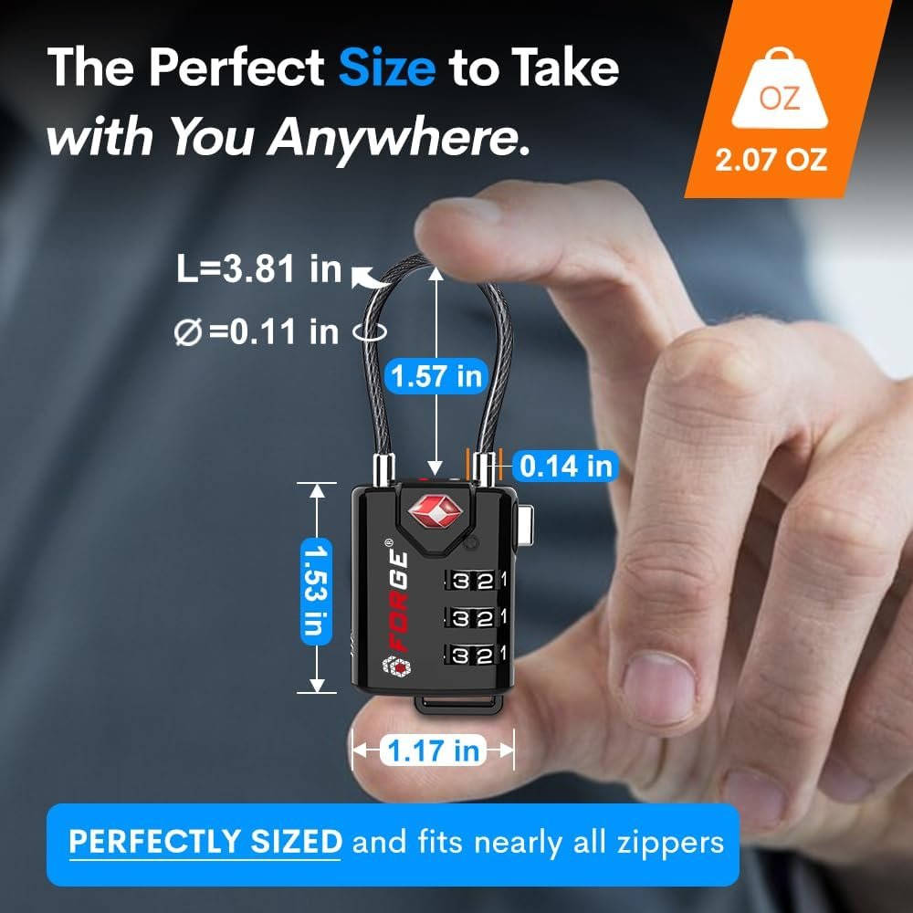 Forge TSA Approved Cable Luggage Locks - Black - Easy Read Dials with Alloy Body