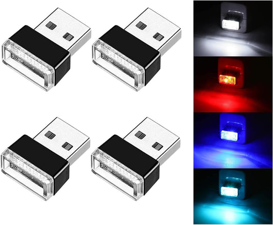 Ziciner 4 PCS USB LED Car Interior Atmosphere Lamp, Portable Mini LED Night Light, Plug-in USB Interface Trunk Ambient Lighting Kit, Car Accessories (White, Blue, Red, Ice Blue)
