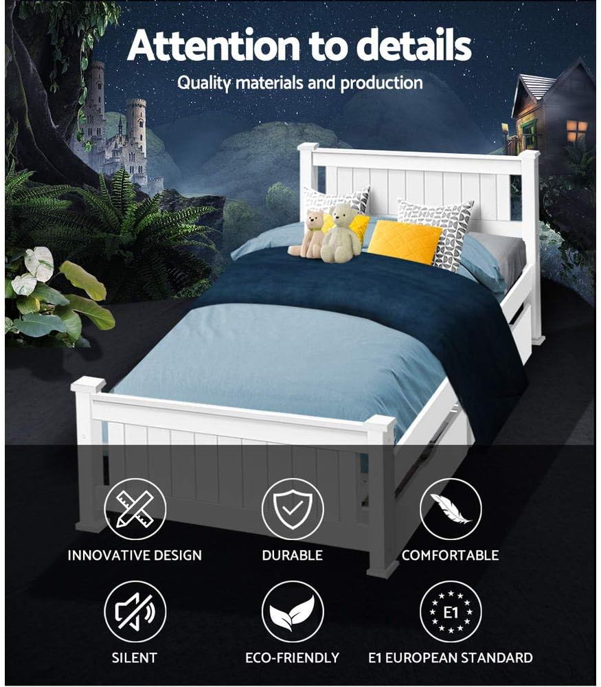 Artiss Single Bed Frame Platform Wooden Timber Frames Beds Base with 2 Drawers Bedroom Room Decor Home Furniture White with Reinforced Bracket Support for Kids, Toddler and Adult, Modern Design