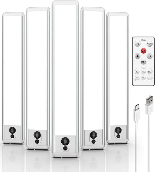 EZVALO Under Cabinet Lights, LED Closet Lights Wireless USB Charging, Motion Sensor Lighting Indoor 5700K Dimmable with Remote Control (White) 5 Pack