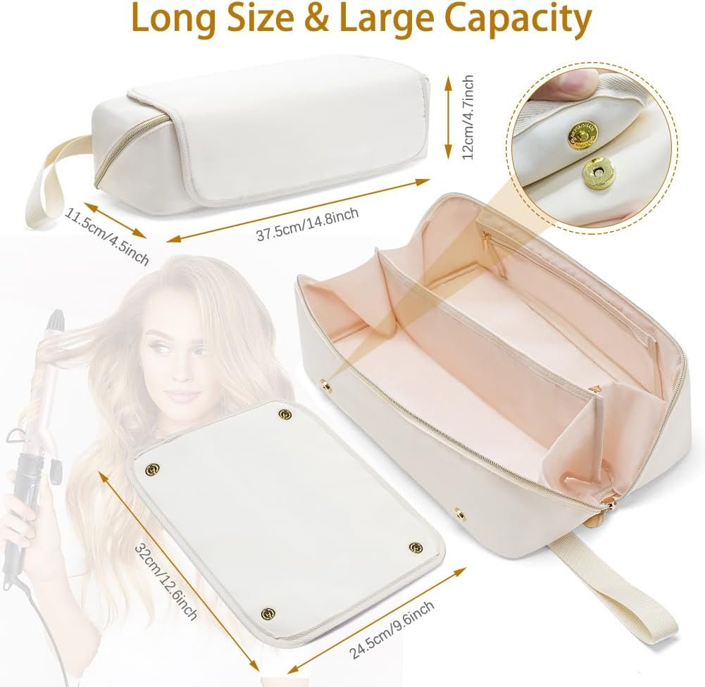 Kannino Hair Tools Travel Bag and Heat Resistant Mat, 2 in 1 Hot Tools Travel Bag for Straightener, Curling Iron, Flat Irons, Hair Dryer, Portable Organizer Hair Travel Case, Hangable Handles (Beige)