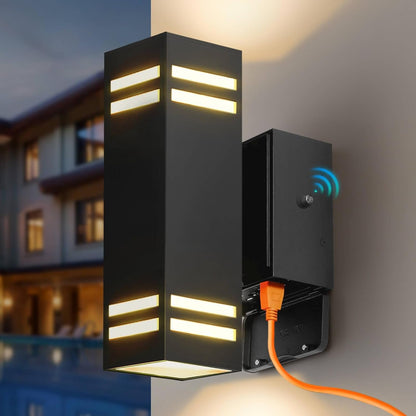 KIZON Outdoor Light with Outlet, Dusk to Dawn Outdoor Light Fixture, Matte Black Exterior Light Fixture Square, Alunmium Up and Down Lights Outdoor Anti Rust, Outside Lights for House Porch Garage