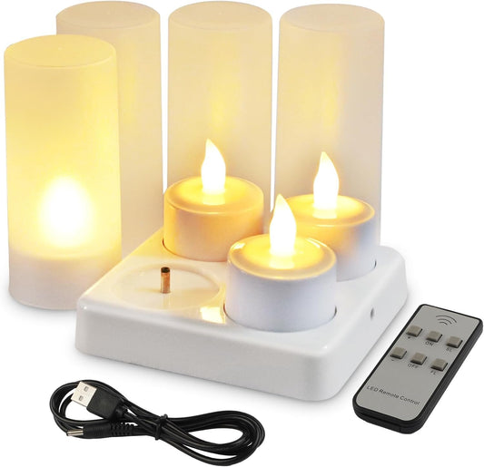 4PCS/Set Rechargeable Candles Flameless Flickering LED Tea Lights with White Base and AC Adapter for Home, Restaurants, Wedding,Christmas Decor（Yellow）