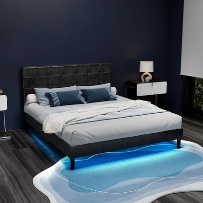 Artiss Double Bed Frame Platform Wooden Base Beds with LED Lights Bedroom Room Decor Home Furniture, Upholstered with Faux Linen Fabric + Foam + Wood, Modern Design Grey