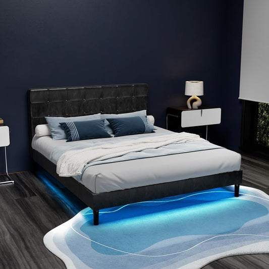 Artiss Double Bed Frame Platform Wooden Base Beds with LED Lights Bedroom Room Decor Home Furniture, Upholstered with Faux Linen Fabric + Foam + Wood, Modern Design Grey