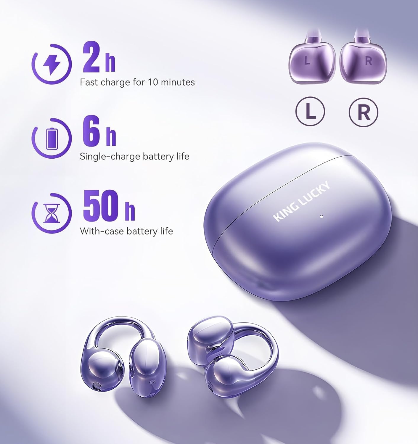 King Lucky Open Ear Earbuds Wireless Bluetooth 5.4 Clip-on Headphones with Mic - 50H Playtime, Ipx5 Waterproof - Ideal for Sports & Workouts, Comfortable for Small Ears & Glasses Wearers (Purple)