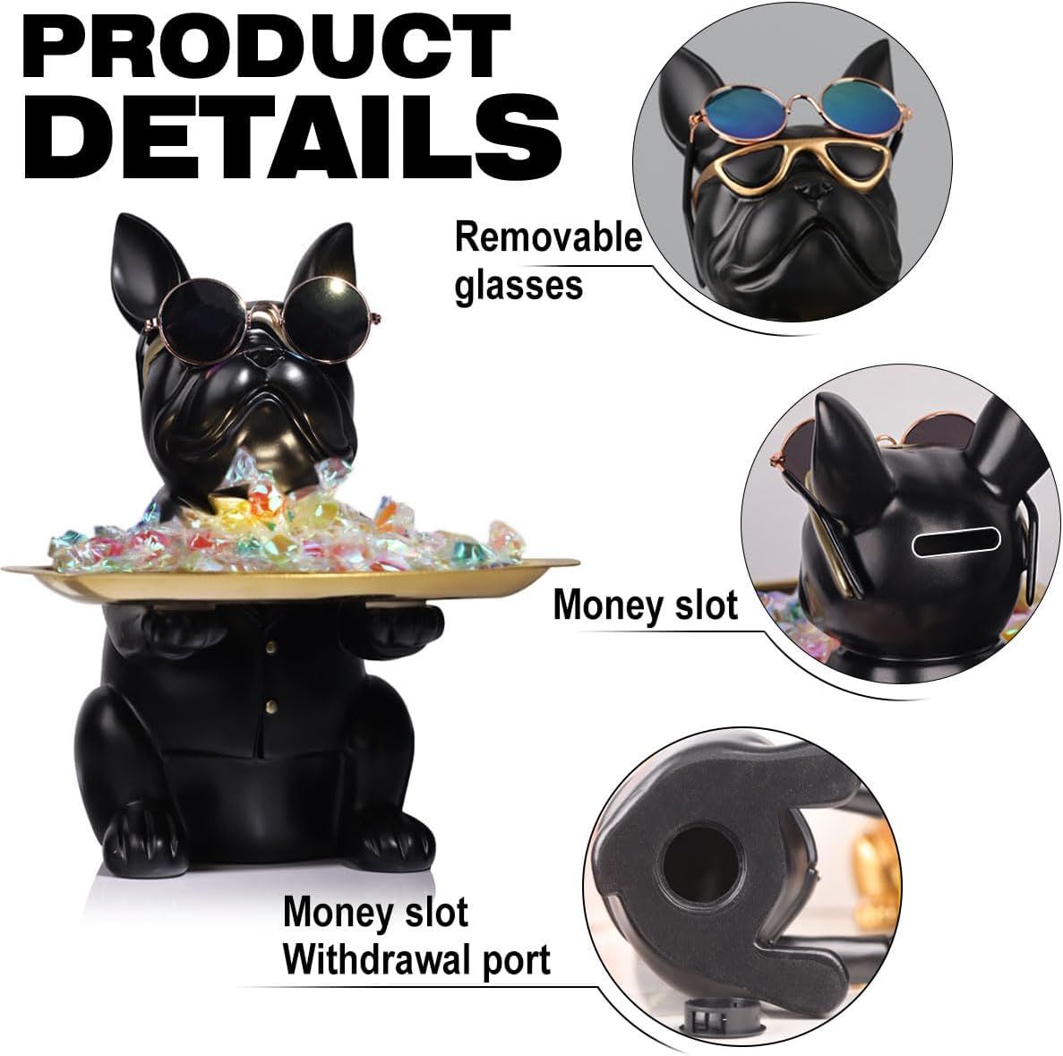 QIANLING Modern Decor Resin Bulldog Tray Statue Storage Key Holder Candy Jewelry Earrings Suitable for Home Art Dining Table Office Small Object (Black)