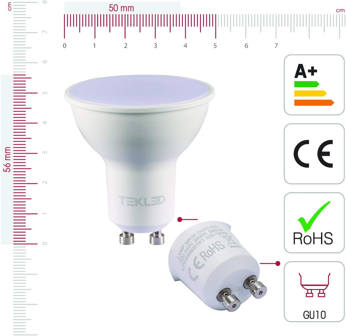 TEKLED® GU10 DIMMABLE Spotlight LED Bulbs | Energy Saving 7W Light Bulb 50W Halogen Spotlight Equivalent | 120° Wide Beam Angle MR16 3000K 560LM | 6-Pack | Warm White